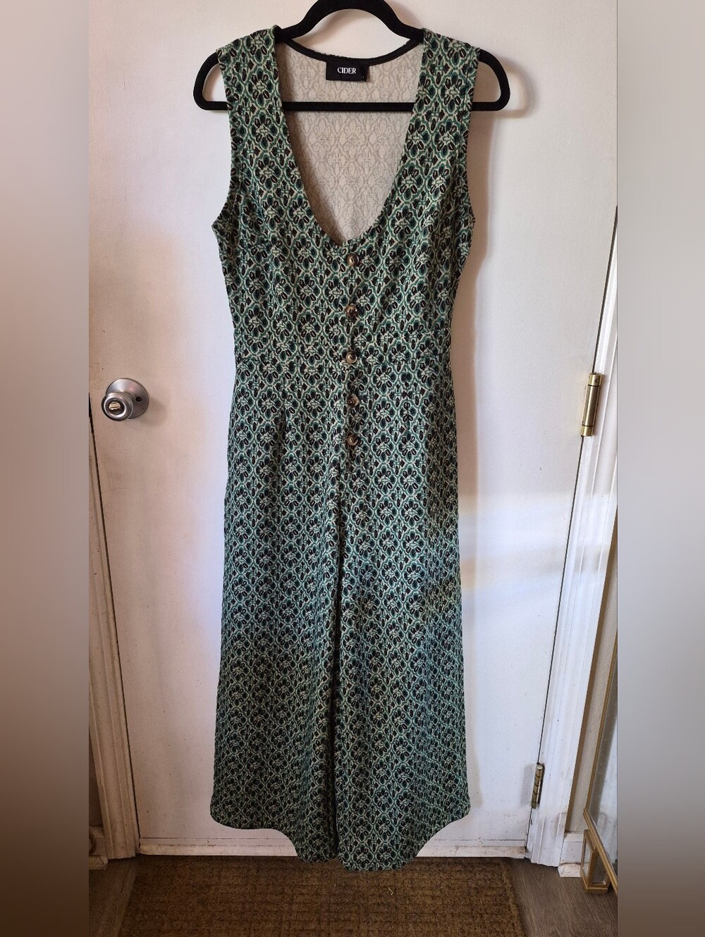 Cider Geometric Print Button Front Wide Leg Jumpsuit Green Black
